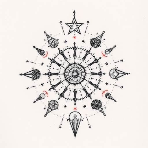 Dotwork tattoo design named "Celestial Constellations" portraying intricate star patterns and zodiac symbols created entirely with tiny dots, forming a mesmerizing galaxy-inspired piece