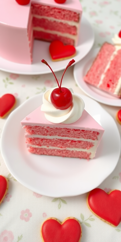 A slice of pink layer cake with whipped cream on top and a cherry garnishing it placed on a white plate surrounded by additional slices of cake and red heart-shaped cookies all arranged on a light floral tablecloth.