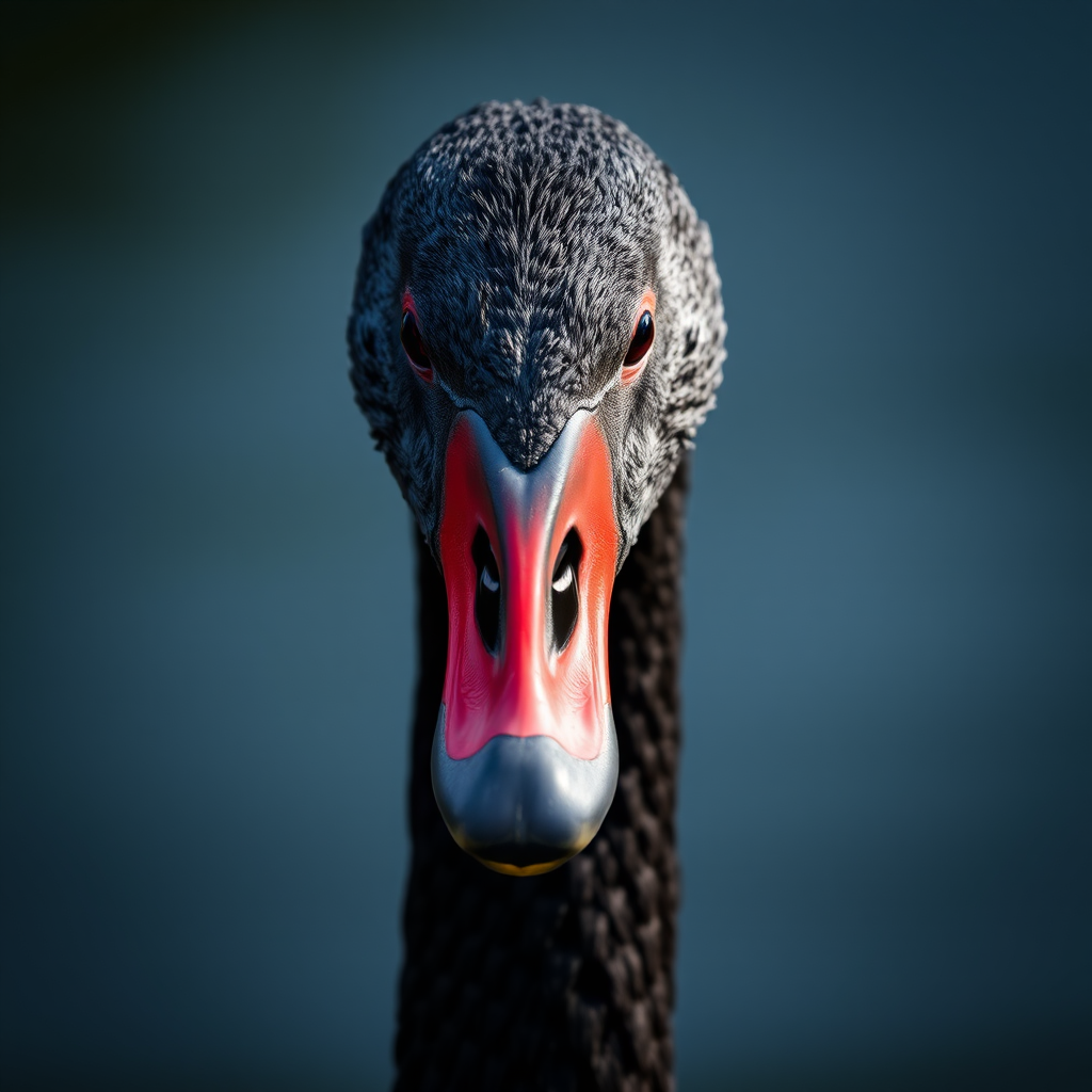 capture a close-up of a black swan against a dark background with a shallow depth of field, using a DSLR camera at f/2.8, ISO 200, 1/100s, in natural light for enhanced texture and detail