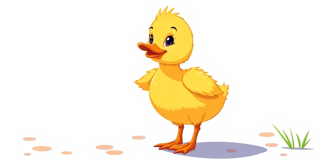 Create a vibrant illustration of a cute yellow duckling standing on one leg with a playful expression, using a digital art style to enhance the colors and details, shot with a Canon EOS R5 at f/2.8, 50mm lens, in bright daylight with soft shadows for a cheerful atmosphere.