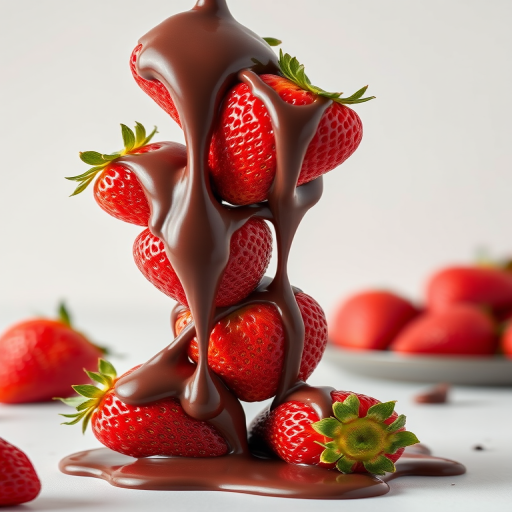 Create a high-resolution image of strawberries stacked vertically with flowing chocolate cascading over them, using a Canon EOS R5, 85mm lens, f/2.8 aperture, ISO 100, 1/200 sec shutter speed, in a soft natural light setting with a plain white background.