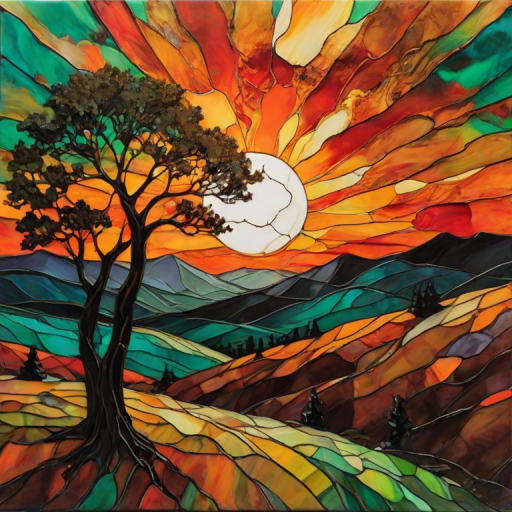 A vibrant abstract painting on Tiffany Glass, blending acrylic and alcohol ink techniques, captures a dramatic sunset over rolling hills. The artwork features a textured, rocky foreground in green and brown, layered abstract hills, and a striking sunset in rich oranges, yellows, and reds. A solitary black tree with intricate branches contrasts against the fiery sky, creating a dynamic and expressive portrayal of a breathtaking natural scene.