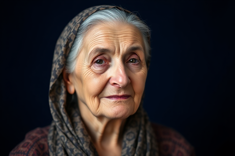 portrait of an elderly woman with silver hair wearing a patterned headscarf, soft lighting, shallow depth of field, 85mm lens, f/1.8 aperture, ISO 100, 1/200s shutter speed, studio setting with dark blue background.