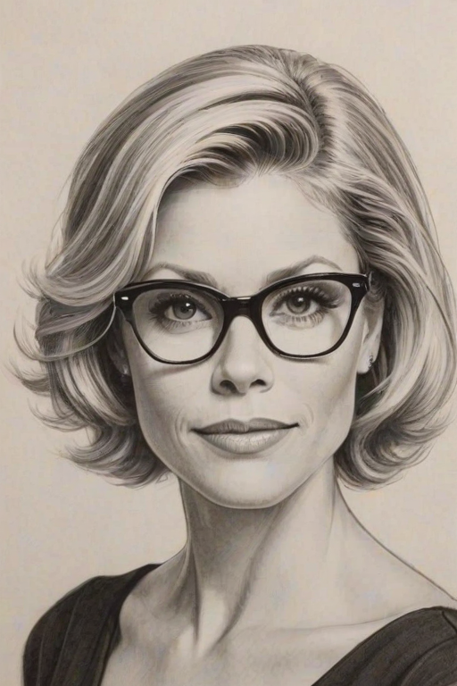 Charming Julie Bowen, pencil sketch, portrait of Charming woman 1950s in glasses, hair style beatnik, outline, clear lines, fine lines, 8k