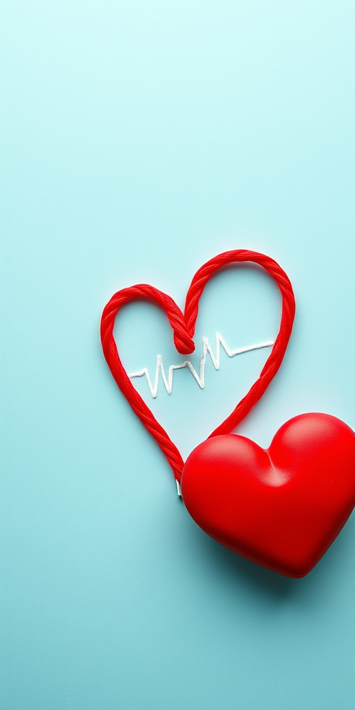 Create a vibrant red heart shape with a white heartbeat line across it, using a DSLR camera with a 50mm lens, f/2.8 aperture, ISO 100, and a top-down view to enhance the clarity and vividness of the colors.