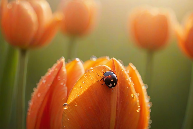 Sharp, high-resolution close-up of a ladybug perched on a vibrant orange tulip, soft sunlight filtering through the petals, with tiny dew drops clinging to the flower.