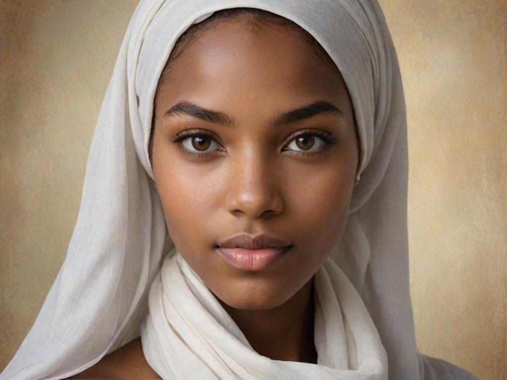 Create a portrait of a young African American female with long, dark hair and captivating hazel eyes. She is wearing a white headscarf and a matching scarf draped gracefully around her neck. The background is softly blurred, focusing attention on her serene and natural expression. The overall color palette is muted and warm, enhancing the intimate and authentic feel of the portrait.