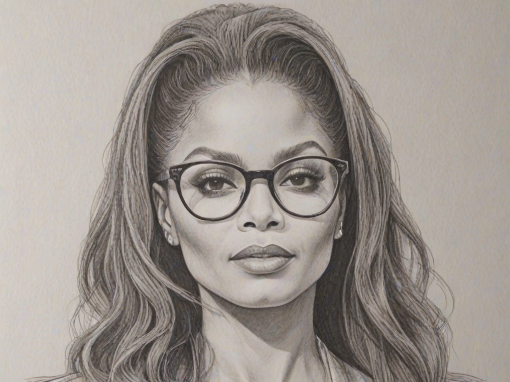 Bewitching Janet Jackson, pencil sketch, portrait of Enchanting woman 1972s in glasses, hair style beatnik, outline, clear lines, fine lines, 8k