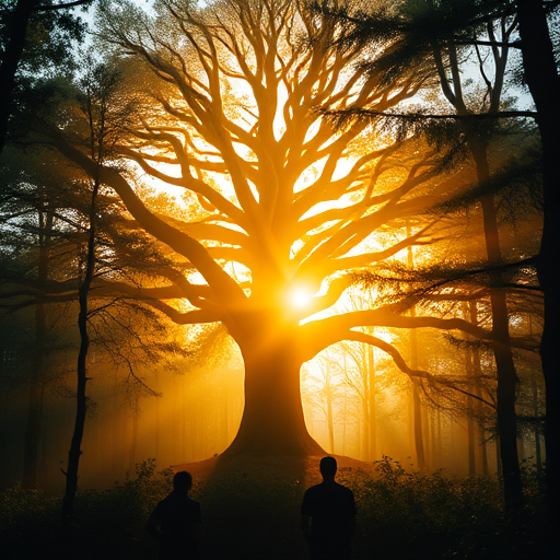 A magical ancient tree radiating golden light in a mystical forest with silhouettes of people in the foreground, shot with a Canon EOS R5 at f/2.8, ISO 100, 24mm, under soft morning light to enhance detail and depth.