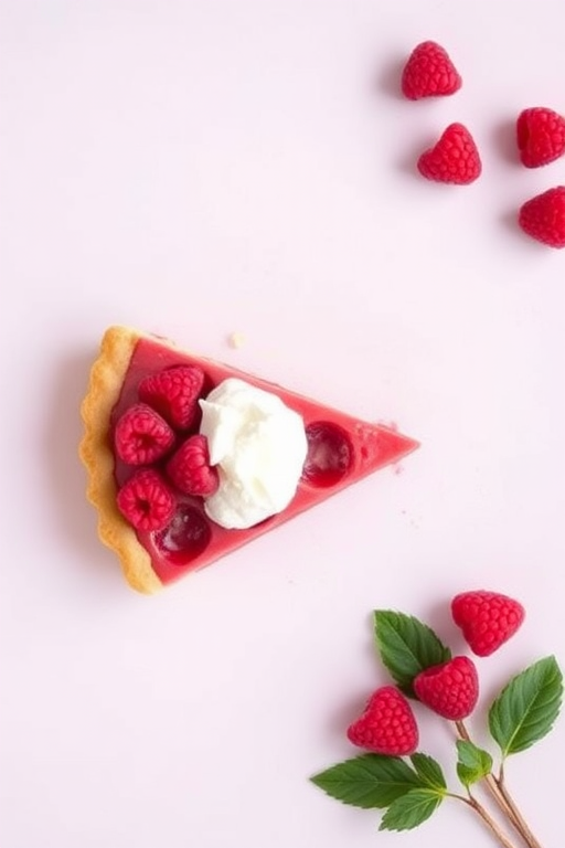 Create a high-resolution image of a raspberry pie slice on a plain background, using a DSLR camera with a 50mm lens, aperture f/2.8, ISO 100, natural lighting, and a top-down view to enhance details and colors.
