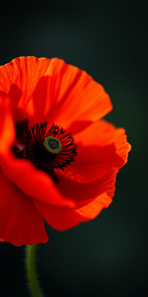 Capture a close-up of a vibrant red poppy flower with a soft-focus dark background, using a DSLR camera with a 50mm lens, aperture set to f/1.8 for a shallow depth of field, ISO 100 for optimal clarity, and natural light to enhance color saturation.