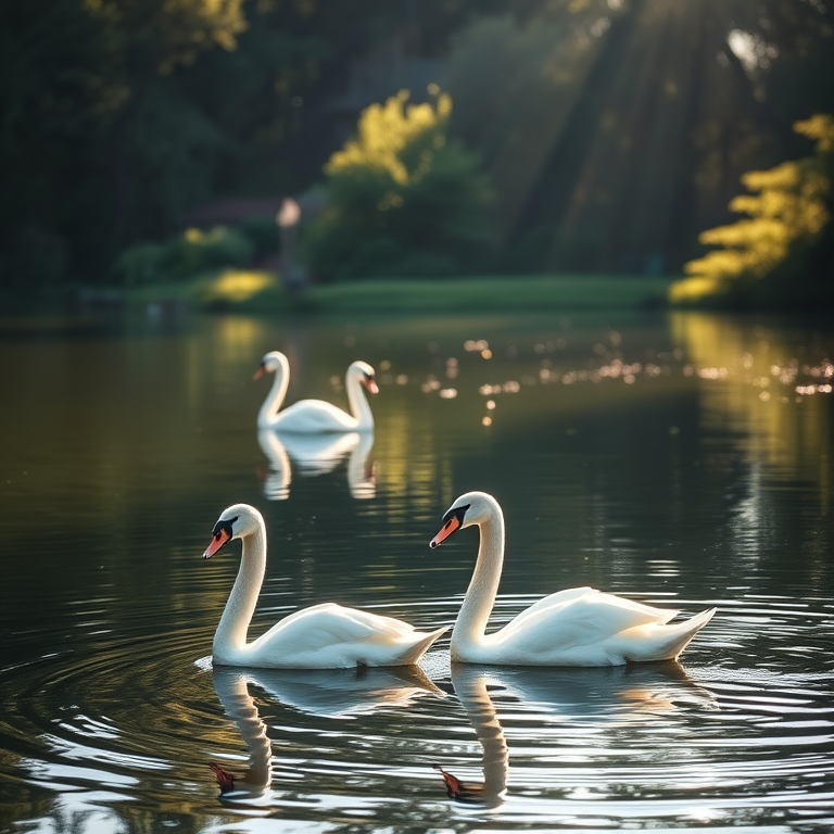 Create an image of elegant swans swimming gracefully on a tranquil lake surrounded by lush greenery and soft sunlight filtering through the trees, captured with a Canon EOS R5 at f/2.8, ISO 100, 50mm lens, using a soft focus style for a dreamy atmosphere.
