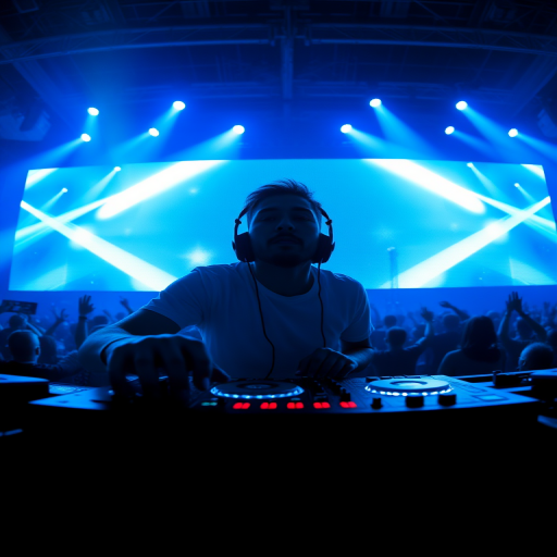 Create an image of a DJ performing at a concert with vibrant blue lighting and a large LED screen in the background, shot from a frontal view at eye level, using a Canon EOS R5 camera, 24mm lens, aperture f/2.8, ISO 800, shutter speed 1/125s, and with a slight vignette effect to enhance the dramatic atmosphere.