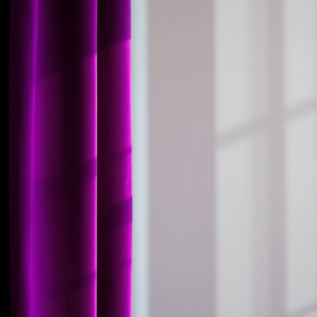Capture a rich purple velvet curtain with soft lighting, using a Canon EOS R5, 50mm f/1.2 lens, aperture f/2.8, ISO 100, and a shallow depth of field, ensuring smooth texture and vibrant color fidelity.