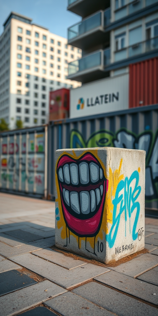 Generate an image of an urban graffiti scene featuring a colorful mural of teeth on a concrete block, with a backdrop of modern buildings and a shipping container wall, using a DSLR camera with a 24mm lens, aperture f/8, ISO 100, and a slight tilt-shift effect for enhanced depth of field.