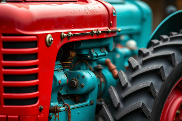 Create an image of a vintage turquoise and red tractor, captured with a DSLR camera using a 50mm lens at f/1.8, ISO 100, and a shallow depth of field, with a side view showcasing the details and textures of the tractor against a blurred background.