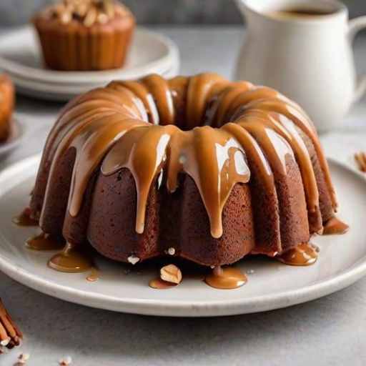 Generate an image of a delicious bundt cake with a rich caramel glaze drizzling over it. The cake should be moist and have chunks of nuts visible inside, with additional nuts sprinkled on top for decoration. The setting is a simple, elegant white plate, with a soft, neutral background.