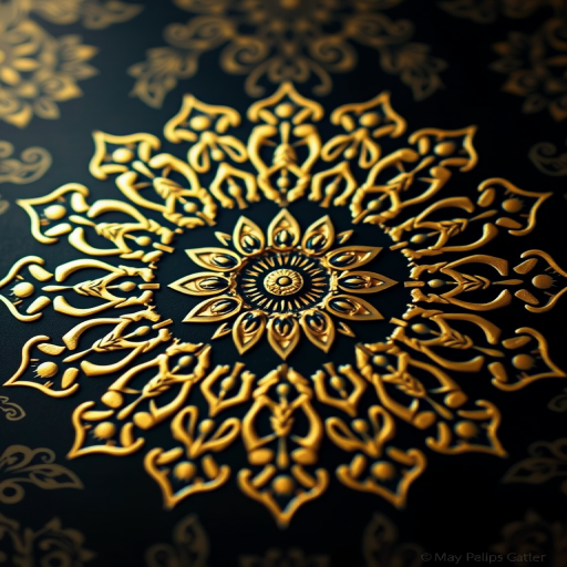 Create a highly detailed gold mandala design on a dark background with intricate floral patterns, captured using a DSLR camera, 50mm lens, f/1.8 aperture, ISO 100, and a macro perspective to enhance clarity and depth.