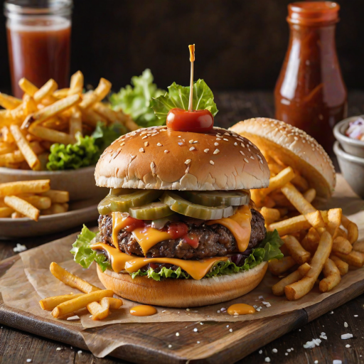 High-resolution, close-up image of a gourmet double cheeseburger. The burger features a glossy, sesame-seed-topped brioche bun. Inside, there are two thick, juicy beef patties, each topped with melted cheddar cheese. The burger is garnished with fresh lettuce, tomato slices, diced onions, and pickles. A generous amount of ketchup and a creamy, orange-colored sauce is dripping down the sides, adding to the mouth-watering appeal. In the background, there are blurred elements including a side of golden French fries and a hint of a beverage, enhancing the overall presentation of a delicious meal.