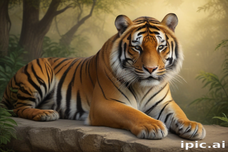Pure Tiger Majestic Tiger Relaxing on a Stone in a Lush Green Jungle Setting.