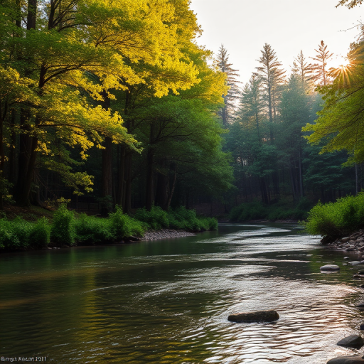 Create an image of a serene, sunlit forest scene with a clear, gently flowing river. Tall trees with lush green foliage line both sides of the river, their leaves bathed in the warm golden light of the setting or rising sun. The sunlight filters through the trees, casting soft, dappled light on the river, which flows over smooth rocks and pebbles, creating a peaceful, natural atmosphere. The sky is bright with a few scattered clouds, and the overall mood is tranquil, evoking a deep sense of connection with nature. The image captures the beauty of a calm, pristine forest landscape at either dawn or dusk.