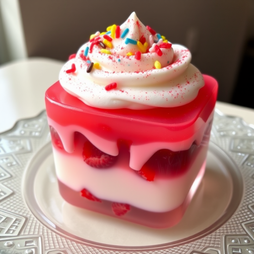 Create an image of a layered dessert featuring a glossy jelly base with raspberry pieces visible inside a clear layer, topped with smooth whipped cream, colorful sprinkles, and a dusting of red powder, all arranged on a decorative glass plate with a subtle textured design.