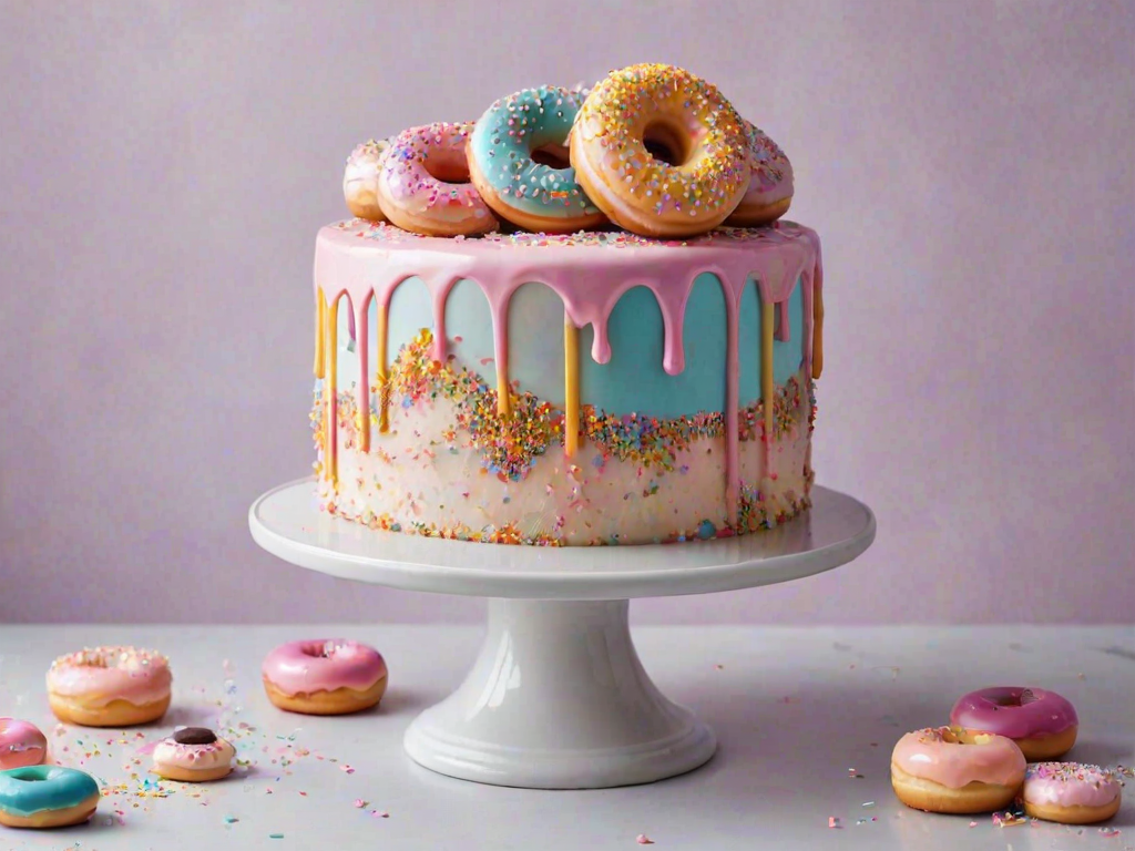 Create an image of a whimsical cake decorated with pastel colors. The cake should have a smooth gradient from purple to pink and feature a glossy drip effect. On top, place several oversized, colorful donuts with sprinkles, some pink and some white. The cake should be displayed on a simple white cake stand against a light background, enhancing its playful and festive appearance.