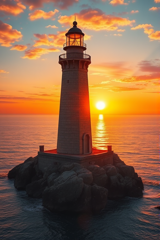 Generate an image of a tall lighthouse perched on a rocky outcrop surrounded by calm ocean waters during a breathtaking sunset. The lighthouse stands sturdy and weathered, its stone surface illuminated by the warm golden light of the setting sun. The sun's rays pass directly through the glass lantern room at the top of the lighthouse, casting a brilliant light across the scene. The sky is painted with vibrant shades of orange, pink, and purple, reflecting off the tranquil sea. The surrounding water shimmers with the same warm hues, creating a serene and majestic atmosphere.
