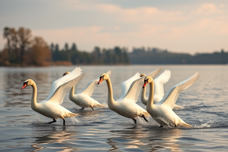 Capture a dynamic shot of swans taking off from a serene lake, with a fast shutter speed of 1/1000s, aperture set to f/5.6 for shallow depth of field, ISO 400 for clarity, using a Canon EOS DSLR with a 70-200mm lens at a mid-range focal length, from a low angle to accentuate the movement and water splashes.