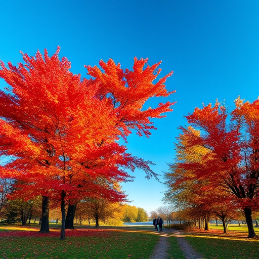 autumn landscape with vibrant red and orange foliage, clear blue sky, two people walking in the distance, soft sunlight filtering through trees, aperture f/8, shutter speed 1/125s, ISO 100, wide-angle lens, DSLR camera, golden hour lighting