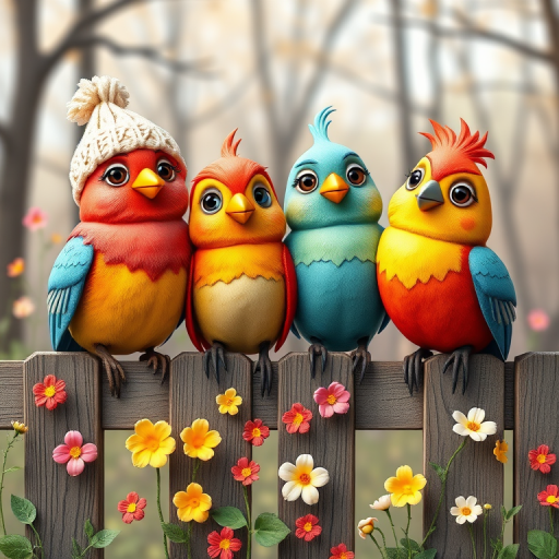 create a scene of 4 quirky  whimsical colourful comical birds each with a funny expression. they are sat on a wooden fence with colourful flowers. they are all different sizes. each one is a different colour  one is wearing a woolly hat. Each one has a different quirky google expression and there is a muted background of trees watercolour paintierly style high definition 8k resolution 3D paper mache