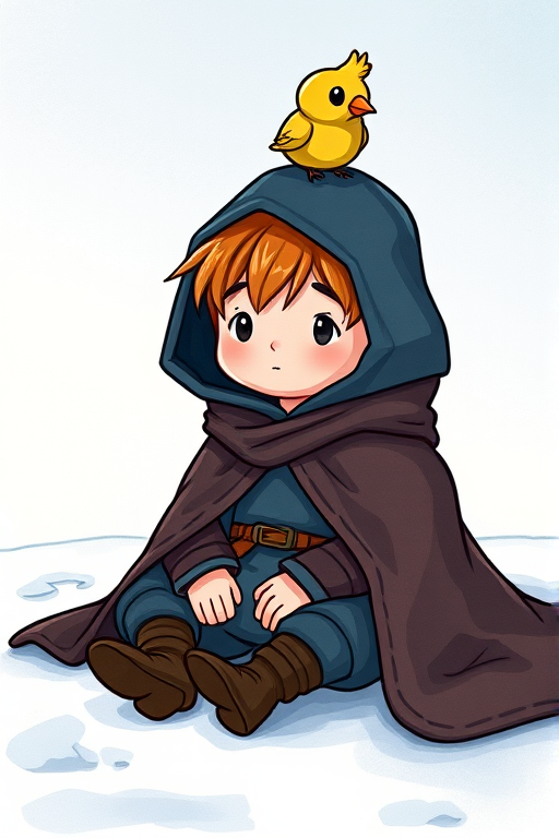 Create an illustration of a cute character with a bird on his head, wearing a dark cloak, seated on a snowy ground, using a Canon EOS R5 with a 50mm f/1.2 lens, aperture set to f/2.8, ISO 100, 1/200s shutter speed, in a bright and colorful hand-drawn style for a whimsical effect.