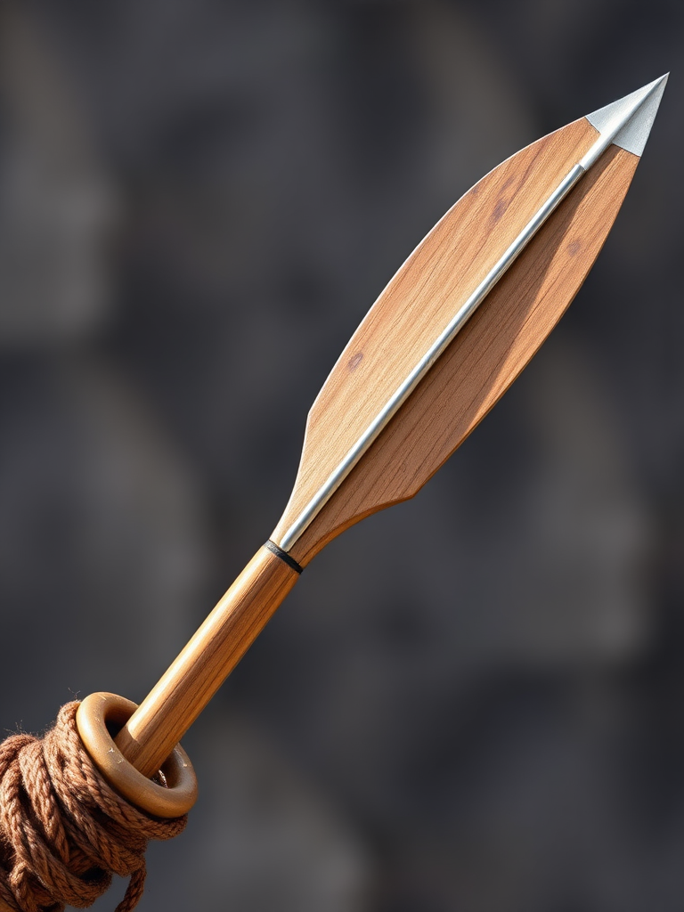 Create an image of a traditional spear with a wooden shaft and a metal tip, captured in high resolution using a DSLR camera with a 50mm lens, aperture set to f/2.8, ISO 100, and shot in natural light to enhance details and textures.