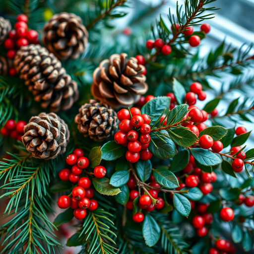 Generate an image of festive botanical elements including pine branches with cones, holly leaves and berries, and mistletoe, using a DSLR camera with a 50mm lens, aperture f/2.8, ISO 100, at a 45-degree angle for depth of field, focusing on vibrant colors and details in a well-lit environment.