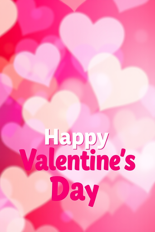 Create a colorful and vibrant Valentine's Day card design with soft, overlapping heart shapes in the background and bold, playful text that says "Happy Valentine's Day" in the foreground, captured with a DSLR camera at f/2.8, 50mm lens, ISO 100, and natural lighting for a bright, cheerful atmosphere.