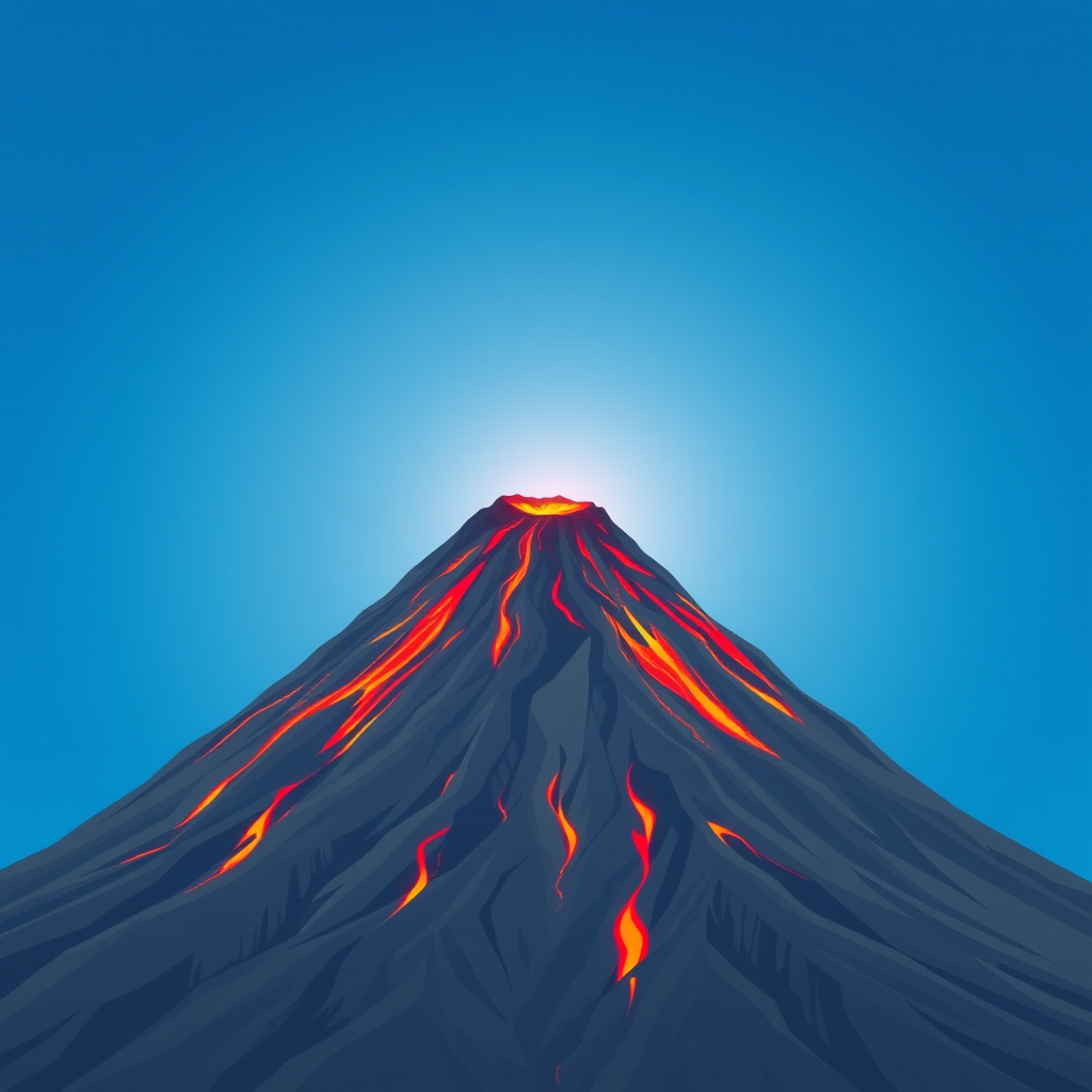 Generate a high-resolution illustration of a volcano, using a wide-angle lens at f/8 aperture, 24mm focal length, ISO 100, natural lighting, and a clear blue sky background for enhanced image detail and color vibrancy.