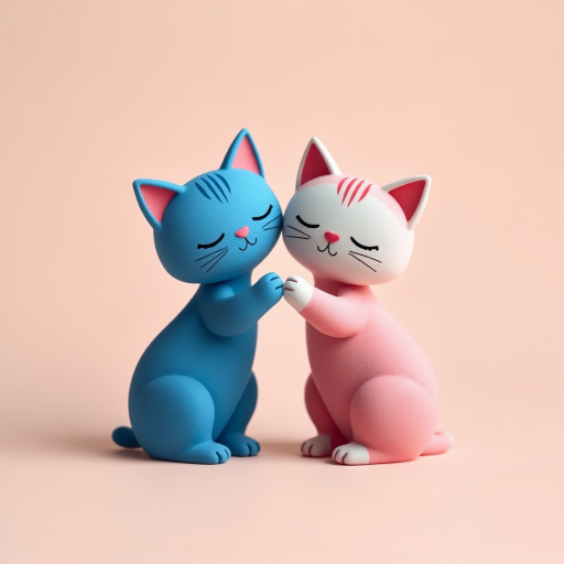 Create an image of two stylized cats embracing, one in blue and the other in pink, forming a heart shape between them, captured with a high-resolution digital camera at f/2.8 aperture, 50mm lens, and soft, diffused lighting for enhanced color vibrancy.