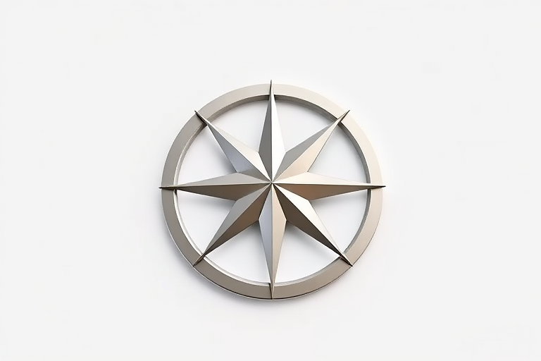 Create a high-resolution image of a 3D compass rose with eight points, featuring a sleek metallic design and a circular border, using a DSLR camera set to f/8, ISO 100, 1/200 second exposure, with a wide-angle lens and a clean white background for clarity.