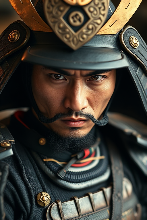 Create a highly detailed portrait of a samurai warrior in traditional armor, using a Canon EOS R5 camera, 85mm lens, f/1.8 aperture, ISO 100, soft diffused lighting, and a dramatic low-angle view to enhance depth and texture.