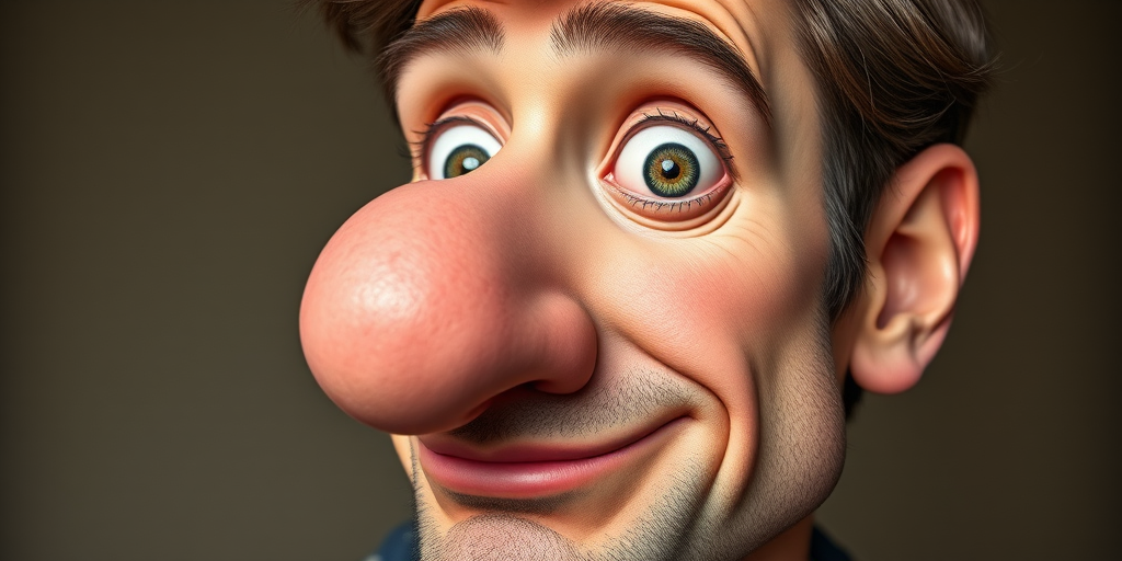 Generate a cartoon character of a man with a large nose and exaggerated features, using a DSLR camera with a 50mm lens, aperture set to f/2.8, high dynamic range settings, in portrait view to enhance colors and details.