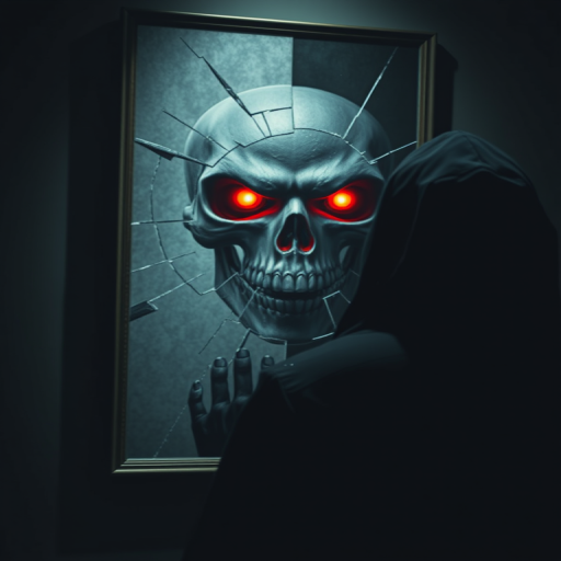 dark figure in a hooded cloak staring at a shattered mirror reflecting a menacing skull face with glowing red eyes, dramatic shadows, high contrast lighting, 35mm lens, f/1.8 aperture, ISO 200, 1/60 sec exposure, cinematic style, low angle view, DSLR camera