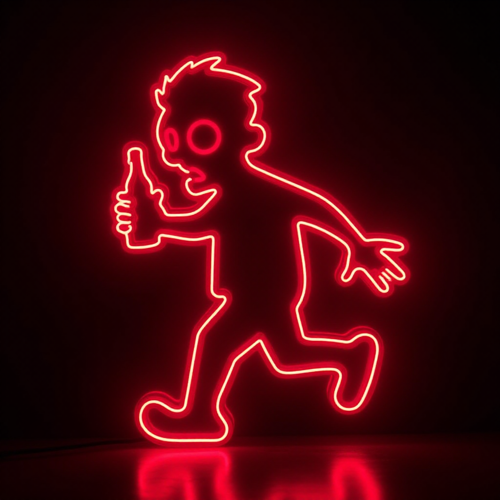 Create an image of a neon sign featuring a cartoon-style zombie in a dynamic pose, holding a bottle. The neon sign should glow in red against a dark background, making the character stand out prominently. The character should appear to be running, capturing attention with its vibrant color and action pose, perfect for advertising or decorative purposes.
