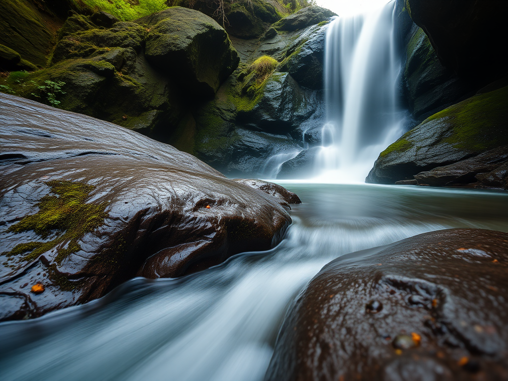 capture a serene waterfall scene with smooth water flow and moss-covered rocks, early morning light, ISO 100, f/8 aperture, 1/4 second shutter speed, wide-angle lens, DSLR camera, low angle perspective