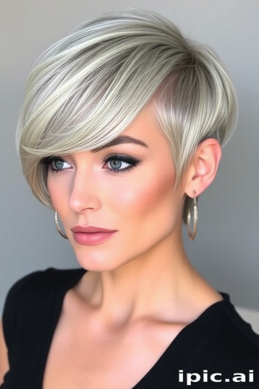 Sophisticated silvery-gray pixie with long side-swept bangs and subtle platinum highlights, styled in sleek finger waves for a timeless vintage appeal