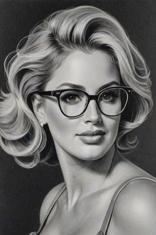 Fetching Kim Zolciak, pencil sketch, portrait of Alluring woman 1950s in glasses, hair style beatnik, outline, clear lines, fine lines, 8k