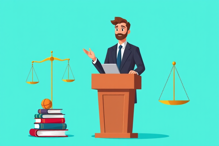 Generate a high-quality vector-style illustration of a lawyer standing at a podium with legal books stacked beside him and a balance scale in the background, using a Canon EOS 5D Mark IV camera, 50mm lens, f/1.8 aperture, ISO 100, with a bright turquoise background for enhanced clarity and contrast.