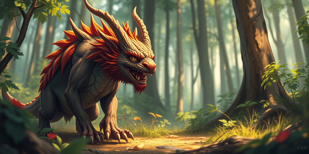 Generate a detailed illustration of a mythical creature in a forest setting, vibrant colors, high detail, sharp focus, using a DSLR camera, 50mm lens, aperture f/1.8, ISO 200, natural lighting, and a shallow depth of field.