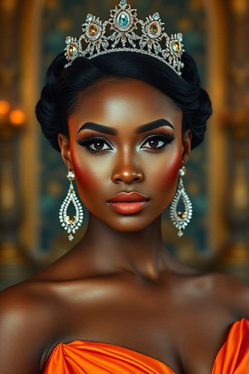 A gorgeous Tongan woman in a luxurious orange gown, accessorized with a dazzling tiara and statement earrings, her deep cyan eyes highlighted by impeccable makeup, poised in a royal setting, photorealistic, 8K quality