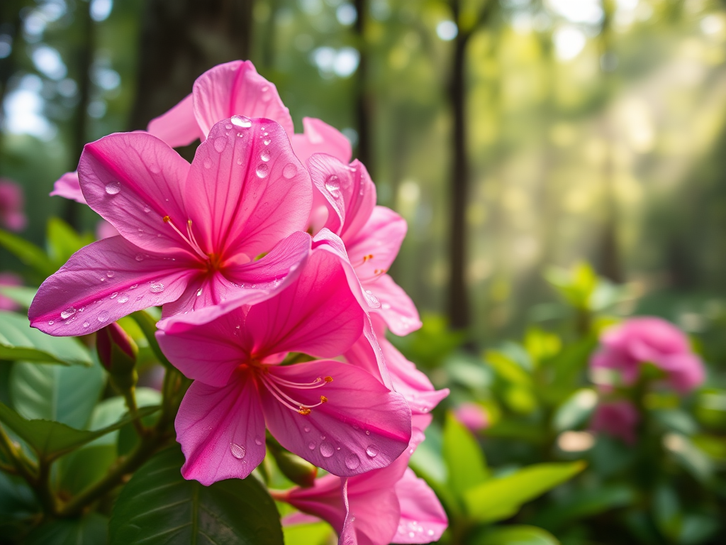 A close-up of vibrant pink azalea flowers with dewdrops on petals, surrounded by lush green leaves in a misty forest, natural sunlight filtering through trees, depth of field focus, aperture f/2.8, ISO 100, shutter speed 1/200 sec, DSLR camera, macro lens, soft bokeh background.