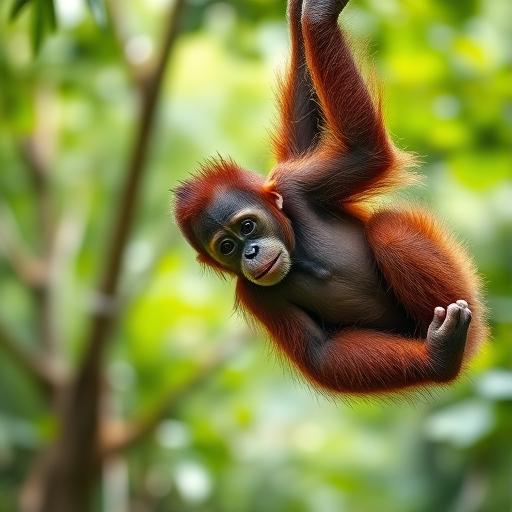 a young orangutan hanging from a tree branch in a lush green forest, soft natural lighting, shallow depth of field for background blur, focal length 200mm, aperture f/2.8, ISO 400, shot with a DSLR camera in portrait orientation